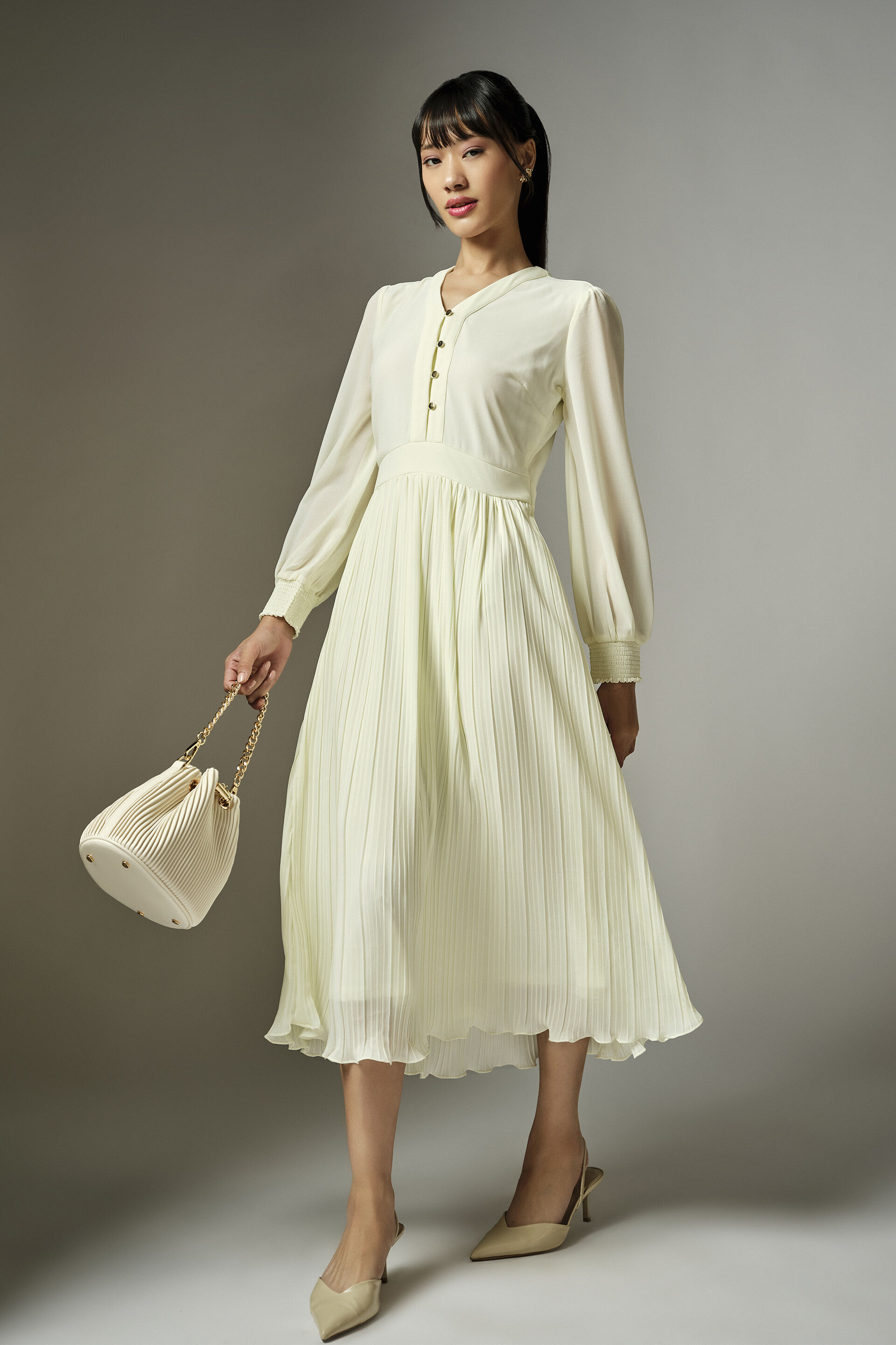 Gloria Cream Pleated Dress, White, image 3